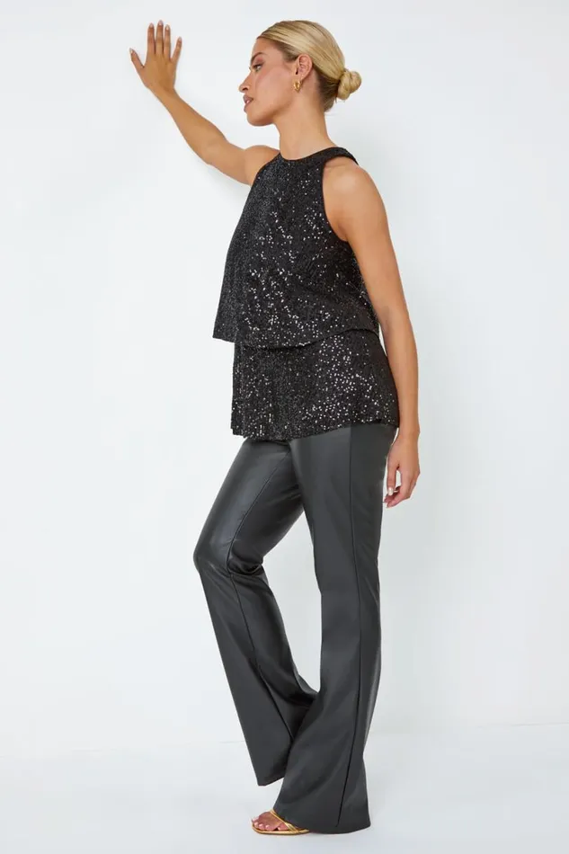 Black Sequin Tiered Halterneck Stretch Top Women Roman Tops
