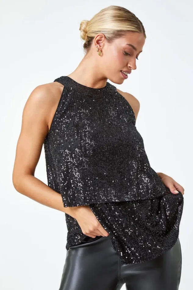 Black Sequin Tiered Halterneck Stretch Top Women Roman Tops