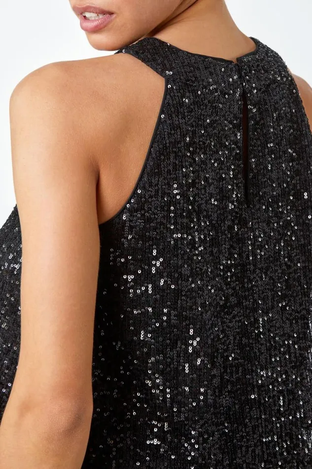 Black Sequin Tiered Halterneck Stretch Top Women Roman Tops