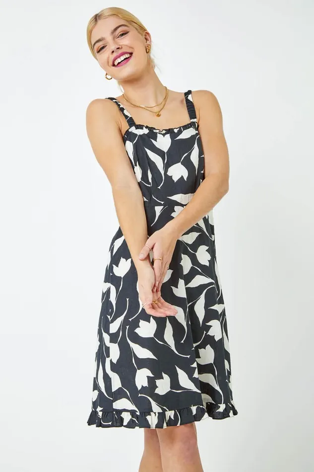 Black Sleeveless Floral Frill Hem Dress Women Roman Dresses