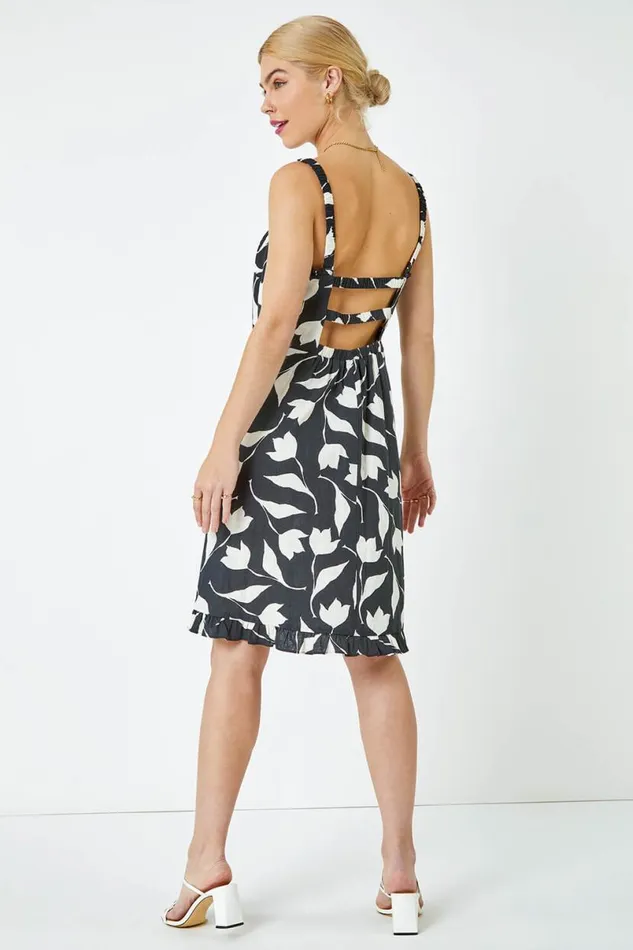 Black Sleeveless Floral Frill Hem Dress Women Roman Dresses