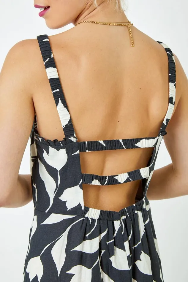 Black Sleeveless Floral Frill Hem Dress Women Roman Dresses