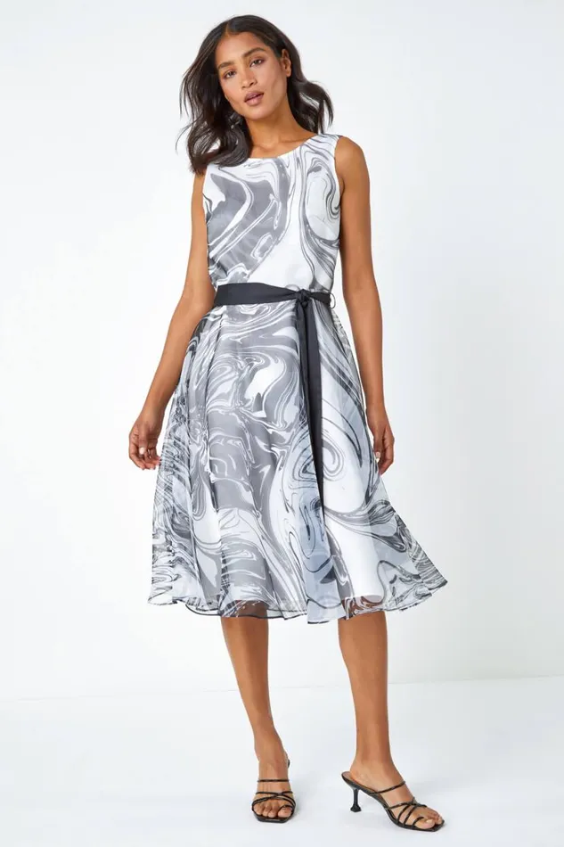 Black Sleeveless Marble Print Dress Women Roman Dresses
