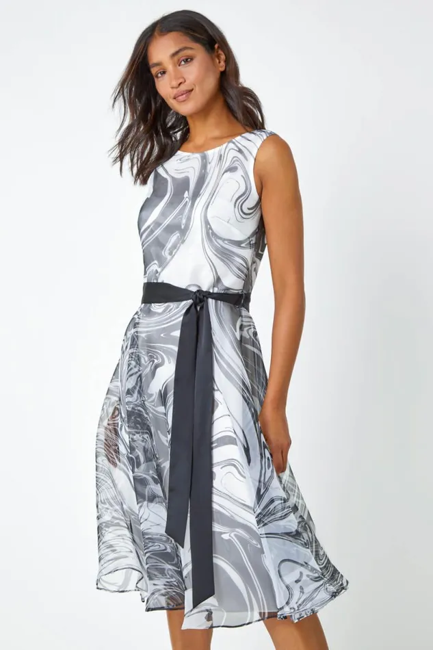Black Sleeveless Marble Print Dress Women Roman Dresses