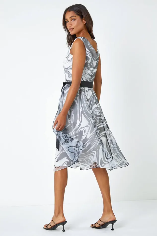 Black Sleeveless Marble Print Dress Women Roman Dresses