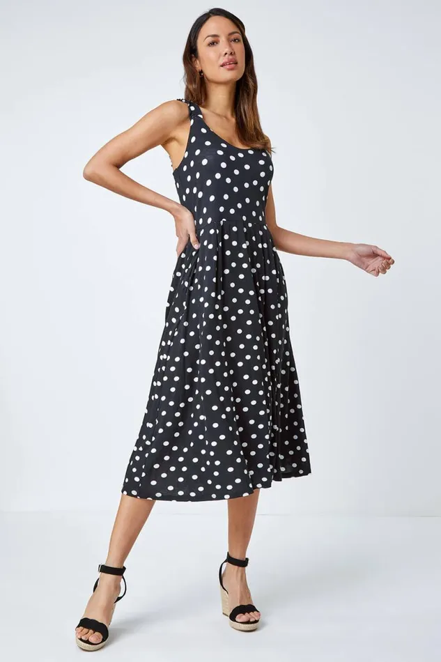 Black Sleeveless Polka Dot Midi Stretch Dress Women Roman Dresses