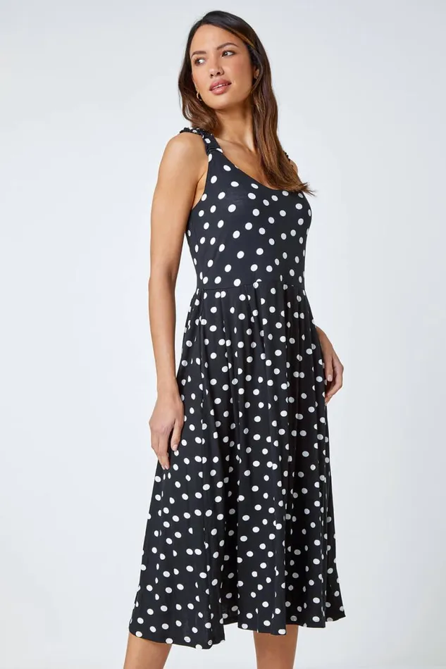 Black Sleeveless Polka Dot Midi Stretch Dress Women Roman Dresses