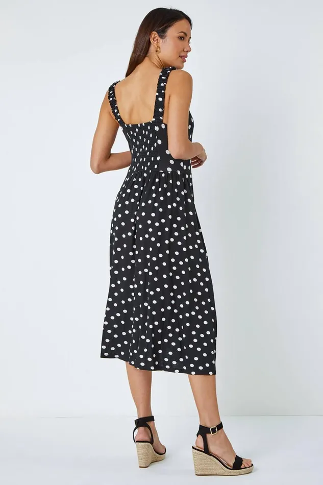 Black Sleeveless Polka Dot Midi Stretch Dress Women Roman Dresses