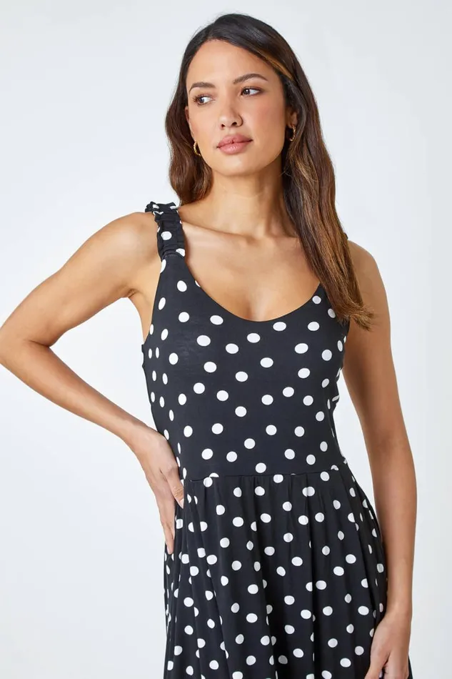 Black Sleeveless Polka Dot Midi Stretch Dress Women Roman Dresses