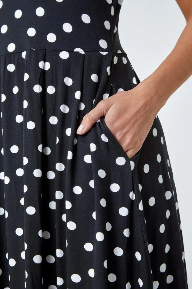 Black Sleeveless Polka Dot Midi Stretch Dress Women Roman Dresses