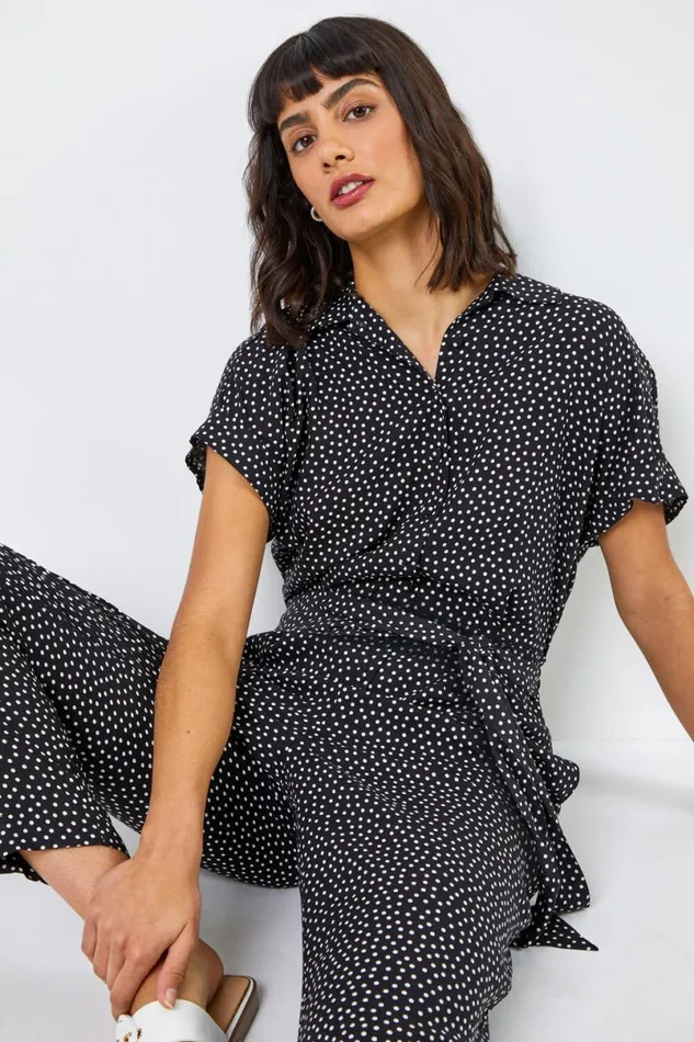 Black Spot Print Collared Jumpsuit Women Roman Dresses