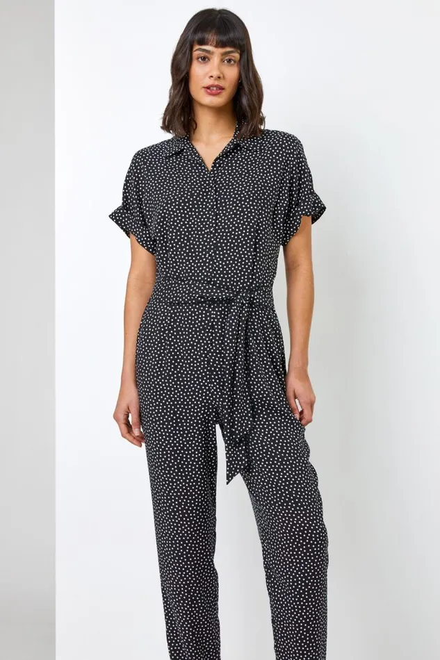 Black Spot Print Collared Jumpsuit Women Roman Dresses
