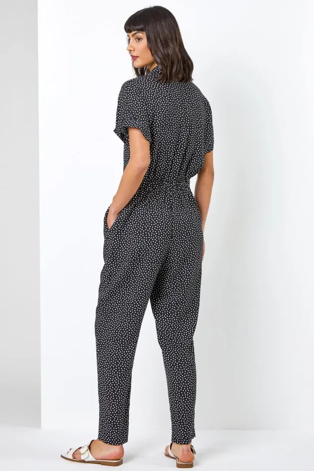 Black Spot Print Collared Jumpsuit Women Roman Dresses