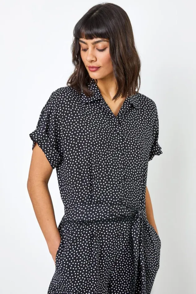 Black Spot Print Collared Jumpsuit Women Roman Dresses
