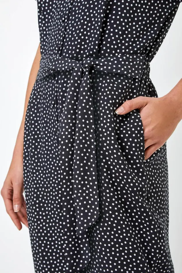 Black Spot Print Collared Jumpsuit Women Roman Dresses