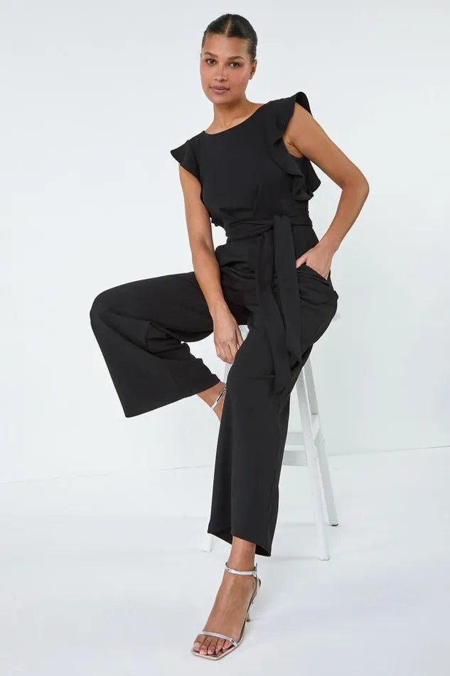 Black Straight Leg Frill Detail Jumpsuit Women Roman Dresses