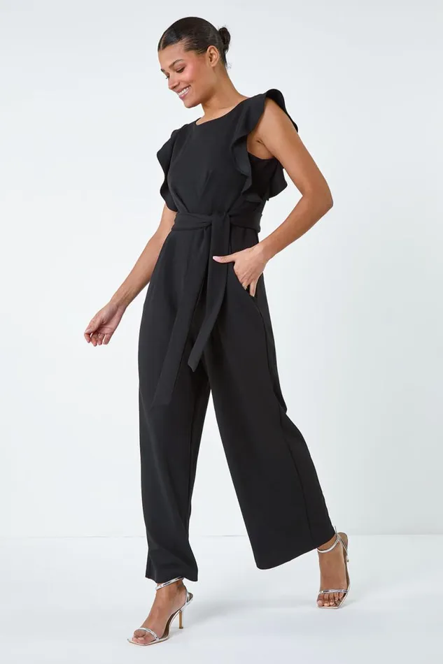 Black Straight Leg Frill Detail Jumpsuit Women Roman Dresses