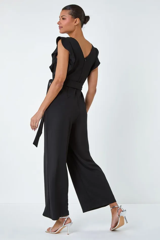Black Straight Leg Frill Detail Jumpsuit Women Roman Dresses