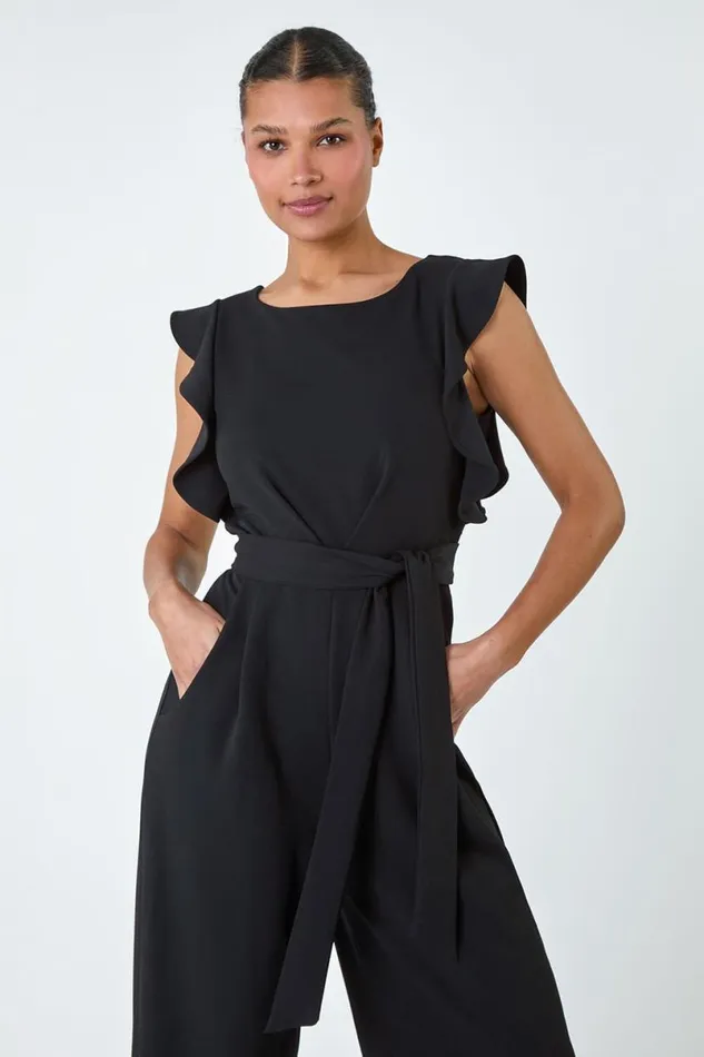 Black Straight Leg Frill Detail Jumpsuit Women Roman Dresses