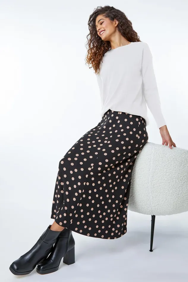 Black Stretch Midi Polka Dot Skirt Women Roman Skirts