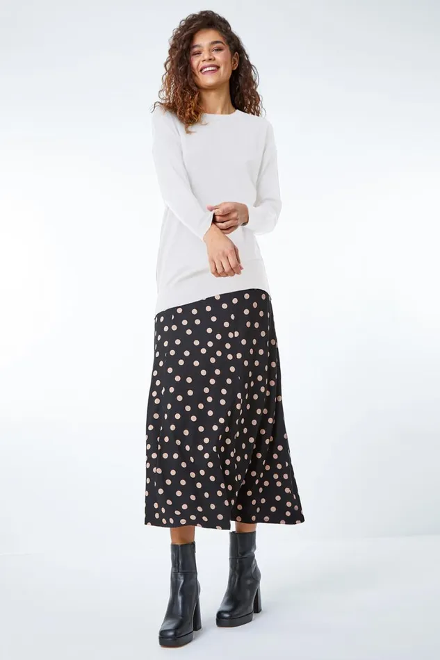Black Stretch Midi Polka Dot Skirt Women Roman Skirts