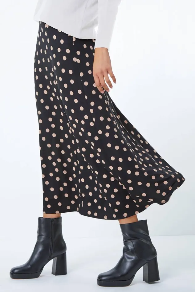 Black Stretch Midi Polka Dot Skirt Women Roman Skirts