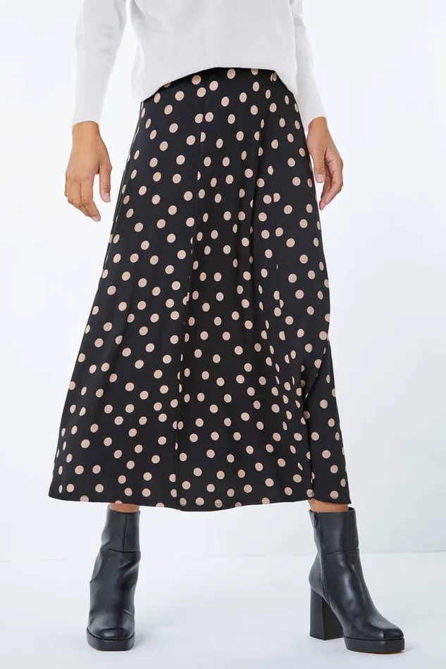 Black Stretch Midi Polka Dot Skirt Women Roman Skirts