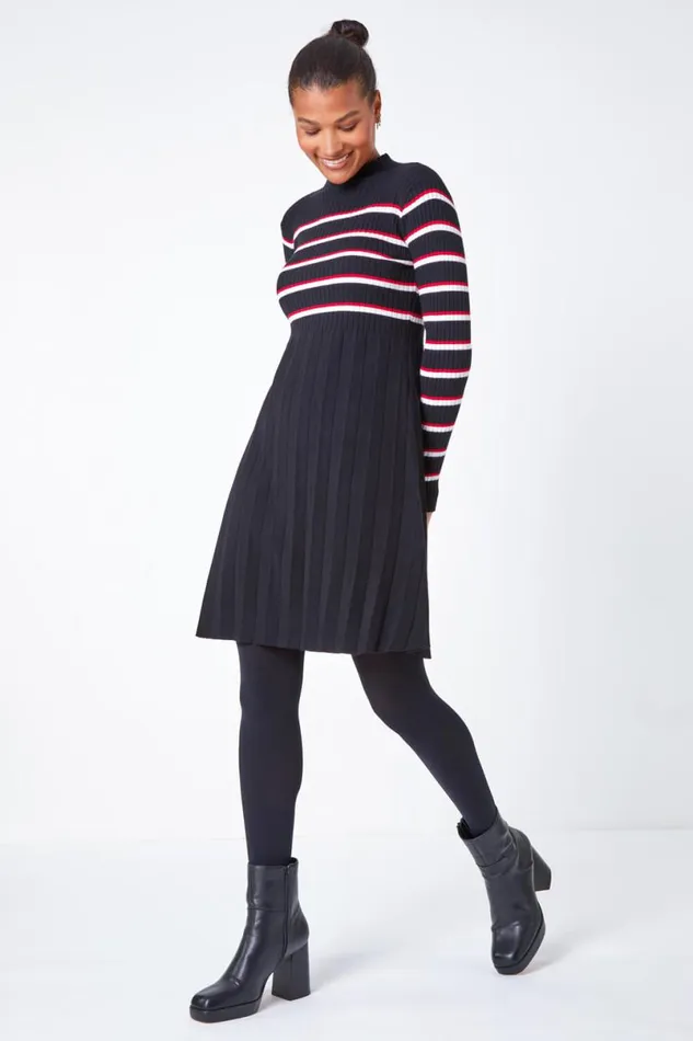 Black Stripe Print Pleated Jumper Dress Women Roman Dresses