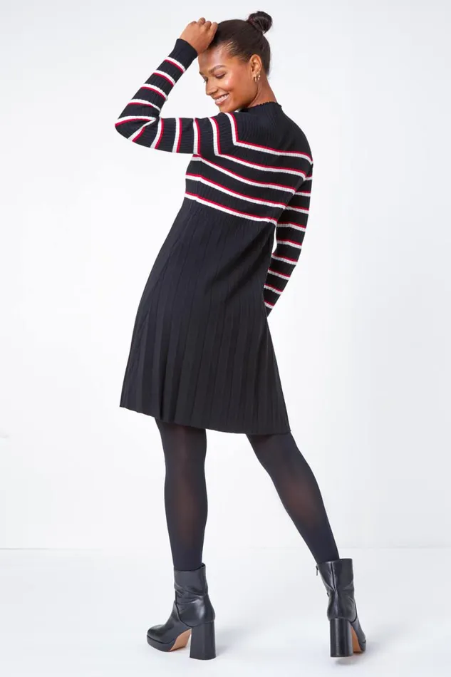 Black Stripe Print Pleated Jumper Dress Women Roman Dresses