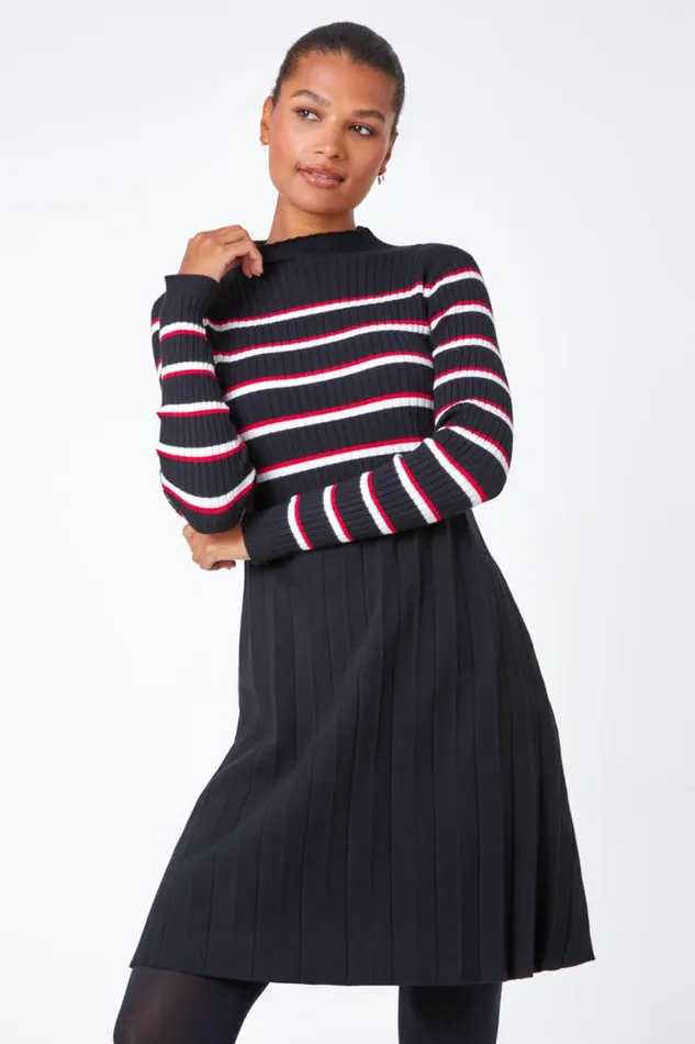 Black Stripe Print Pleated Jumper Dress Women Roman Dresses