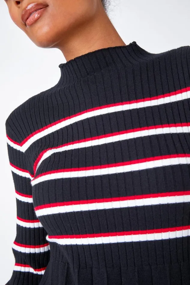 Black Stripe Print Pleated Jumper Dress Women Roman Dresses