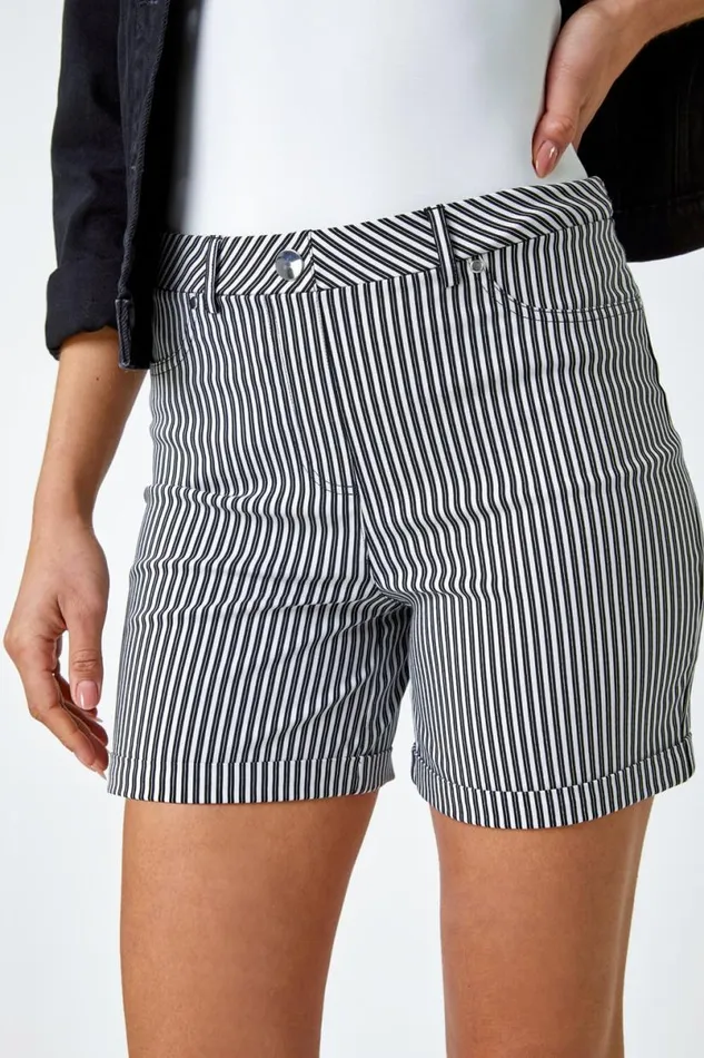 Black Stripe Turn Up Elastic Waist Stretch Shorts Women Roman Shorts
