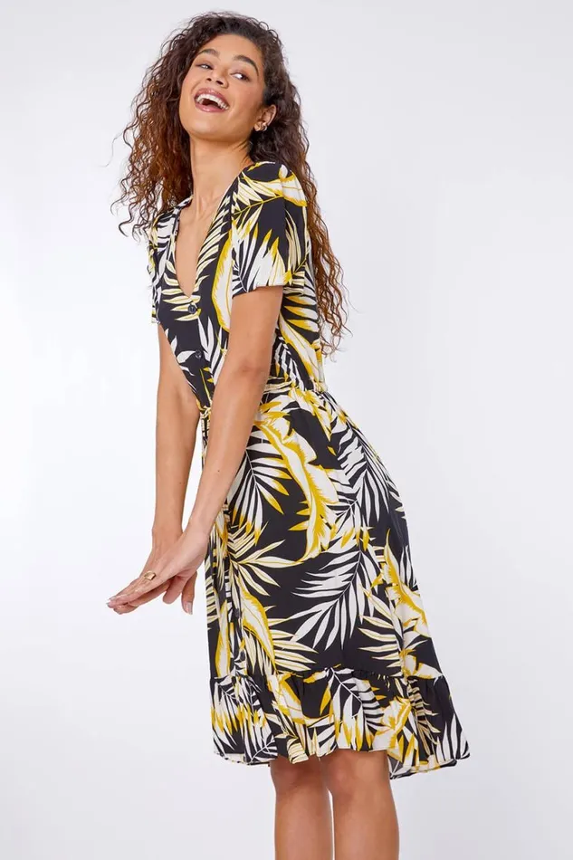 Black Tropical Leaf Frill Hem Midi Dress Women Roman Dresses