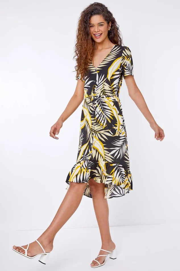 Black Tropical Leaf Frill Hem Midi Dress Women Roman Dresses