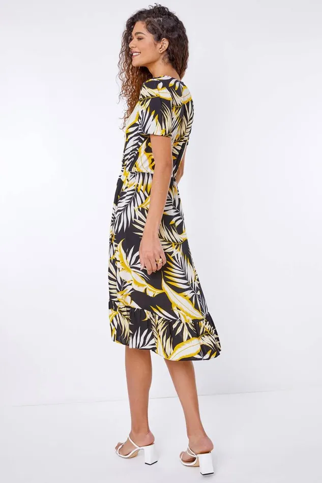 Black Tropical Leaf Frill Hem Midi Dress Women Roman Dresses