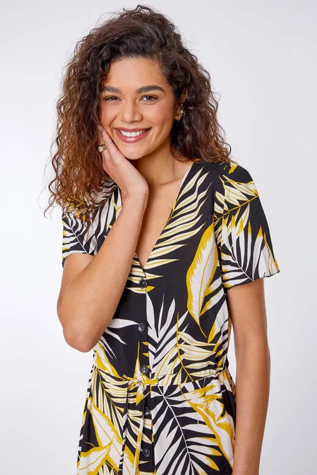 Black Tropical Leaf Frill Hem Midi Dress Women Roman Dresses