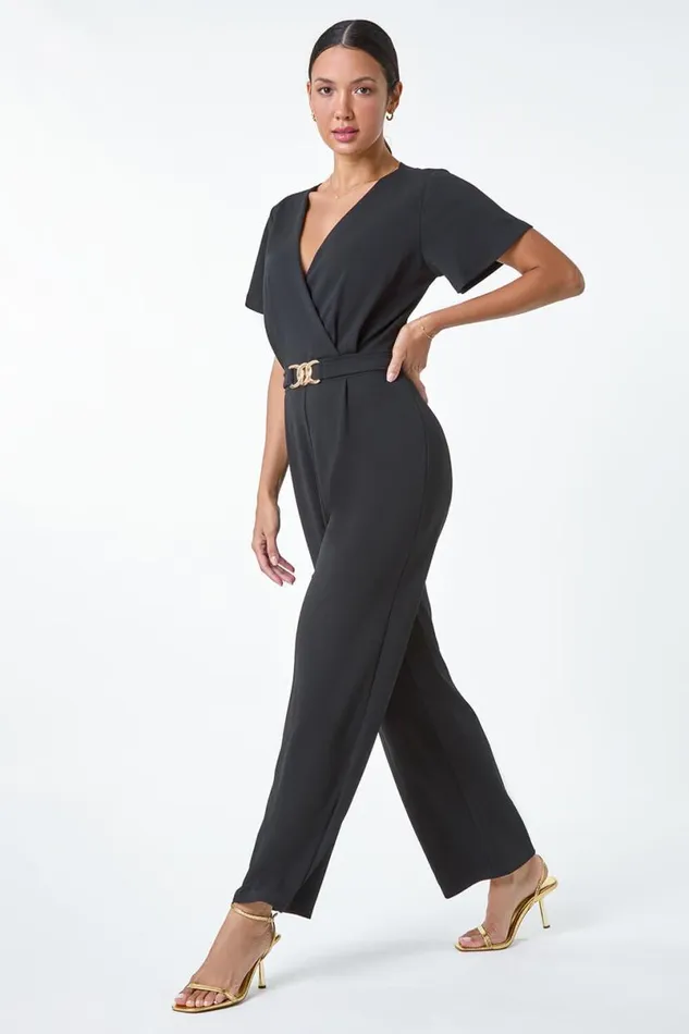 Black Wide Leg Metallic Buckle Stretch Jumpsuit Women Roman Dresses