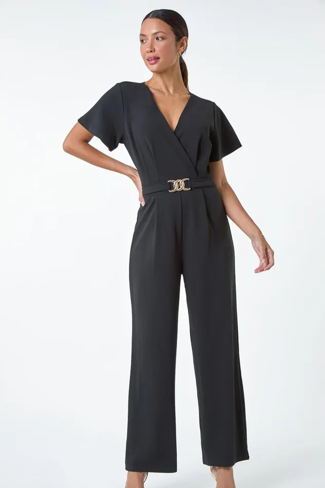 Black Wide Leg Metallic Buckle Stretch Jumpsuit Women Roman Dresses