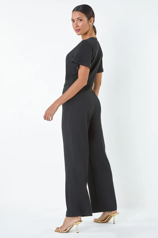 Black Wide Leg Metallic Buckle Stretch Jumpsuit Women Roman Dresses
