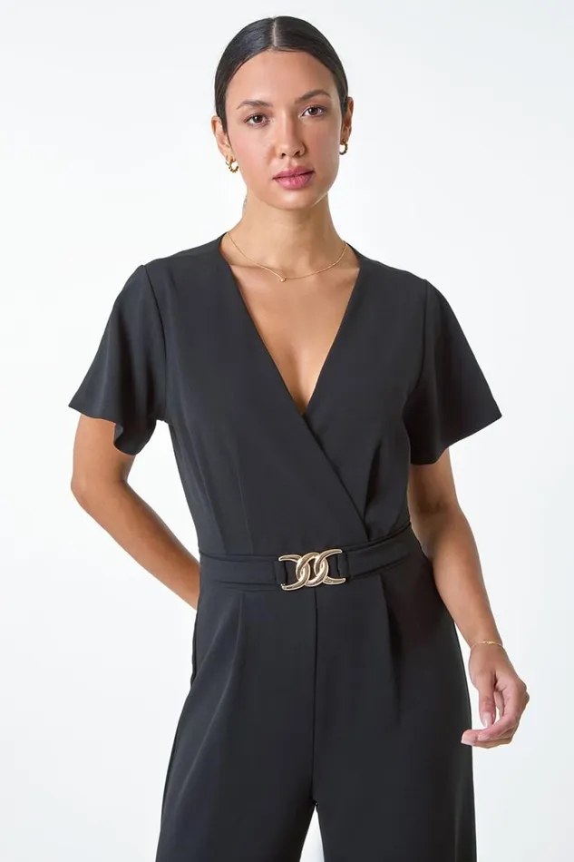 Black Wide Leg Metallic Buckle Stretch Jumpsuit Women Roman Dresses