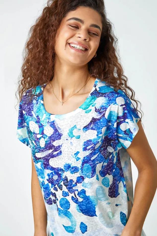 Blue Abstract Hotfix Embellished Stretch TShirt Women Roman Tops
