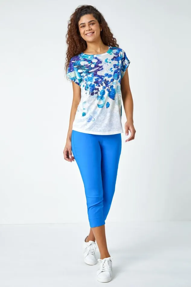 Blue Abstract Hotfix Embellished Stretch TShirt Women Roman Tops