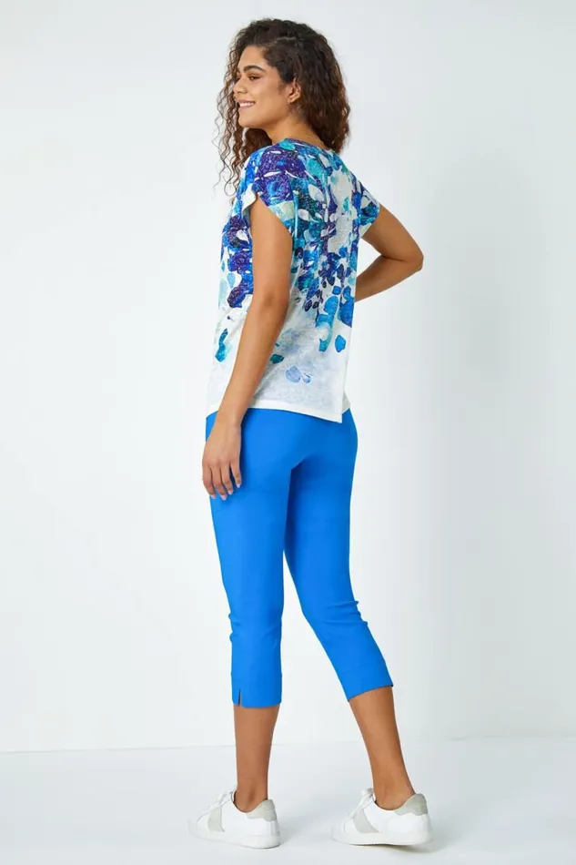 Blue Abstract Hotfix Embellished Stretch TShirt Women Roman Tops