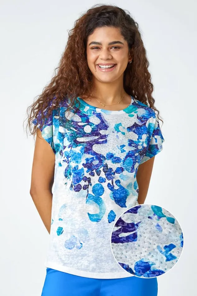 Blue Abstract Hotfix Embellished Stretch TShirt Women Roman Tops