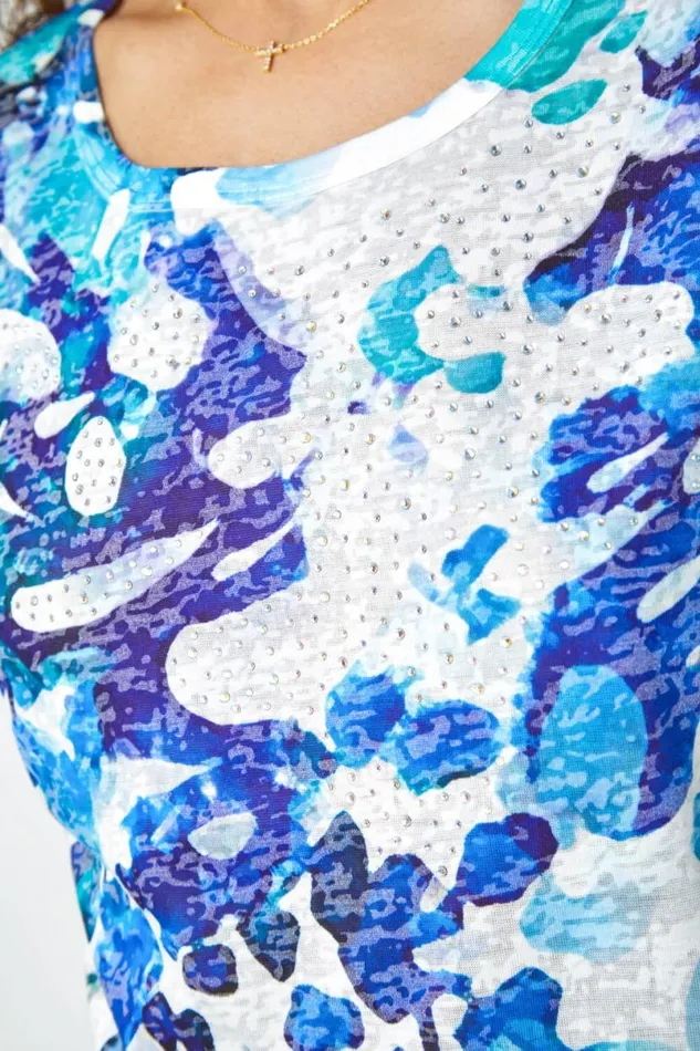 Blue Abstract Hotfix Embellished Stretch TShirt Women Roman Tops