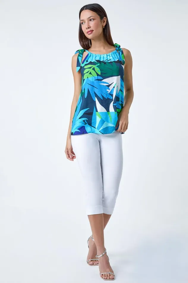 Blue Abstract Leaf Halterneck Tie Detail Top Women Roman Tops