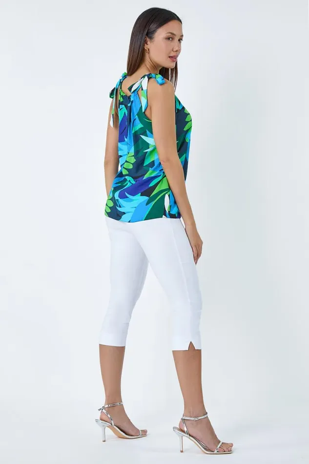 Blue Abstract Leaf Halterneck Tie Detail Top Women Roman Tops