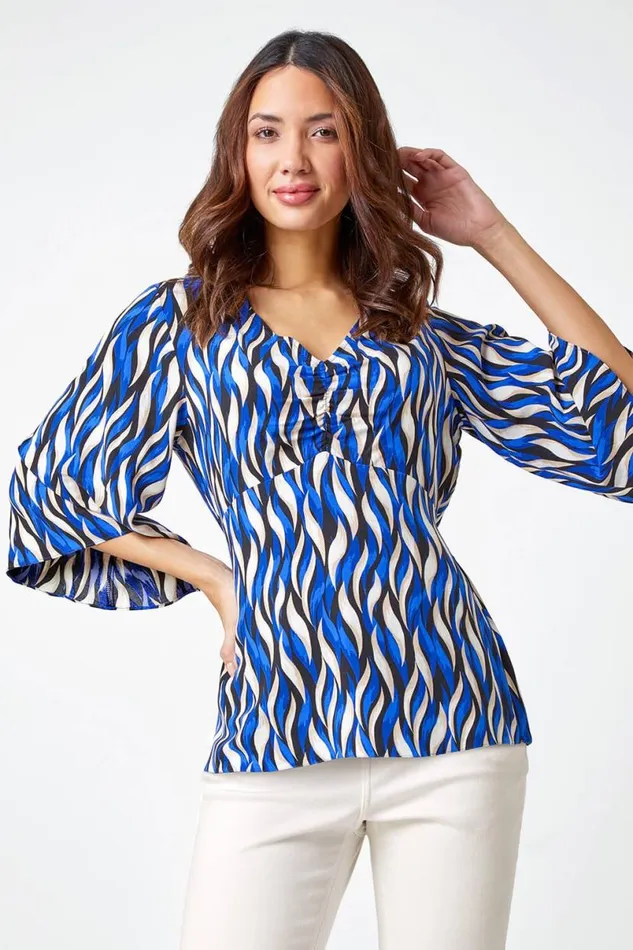 Blue Abstract Print VNeck Ruched Tunic Top Women Roman Tops