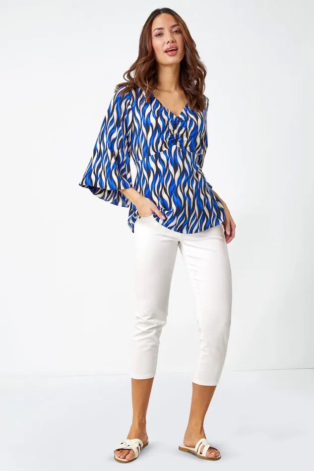 Blue Abstract Print VNeck Ruched Tunic Top Women Roman Tops