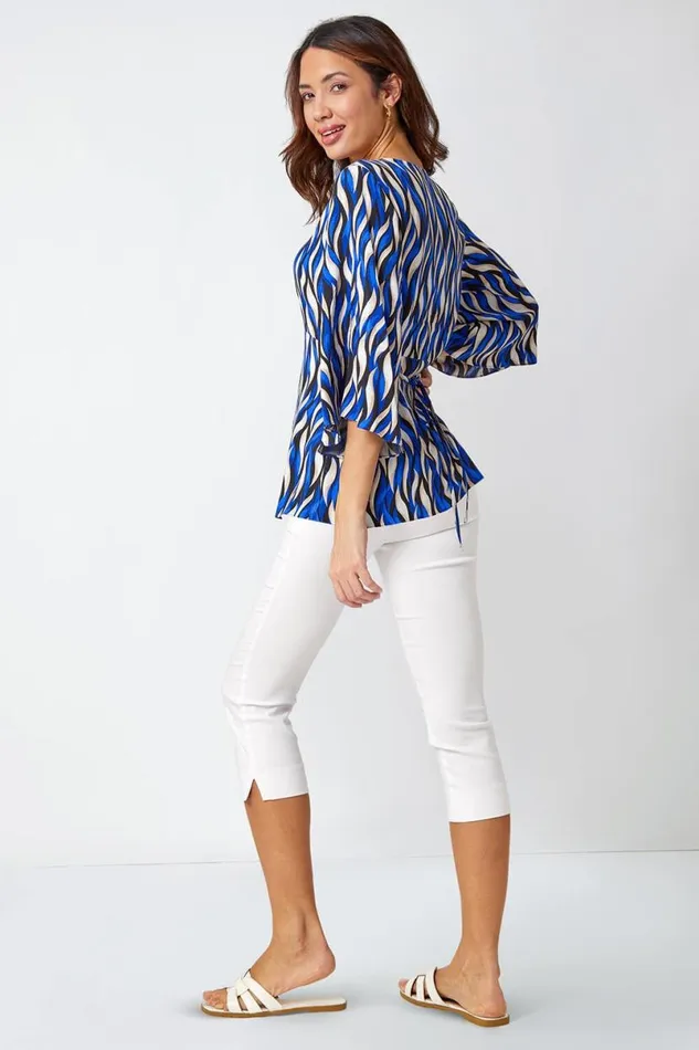 Blue Abstract Print VNeck Ruched Tunic Top Women Roman Tops